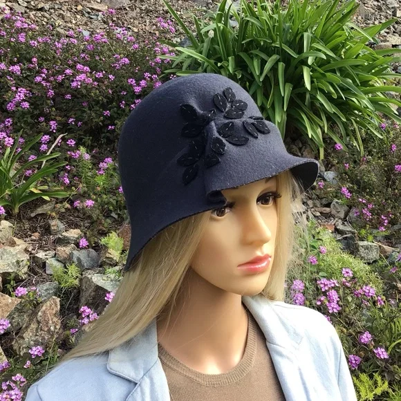 New Cloche Hat 100% wool charcoal tone with flowers
